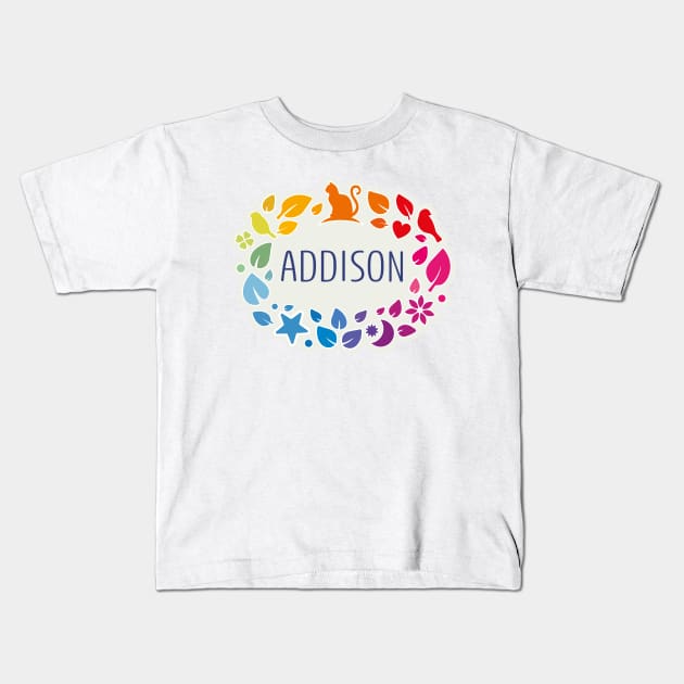 Addison name with colorful leaves Kids T-Shirt by WildMeART